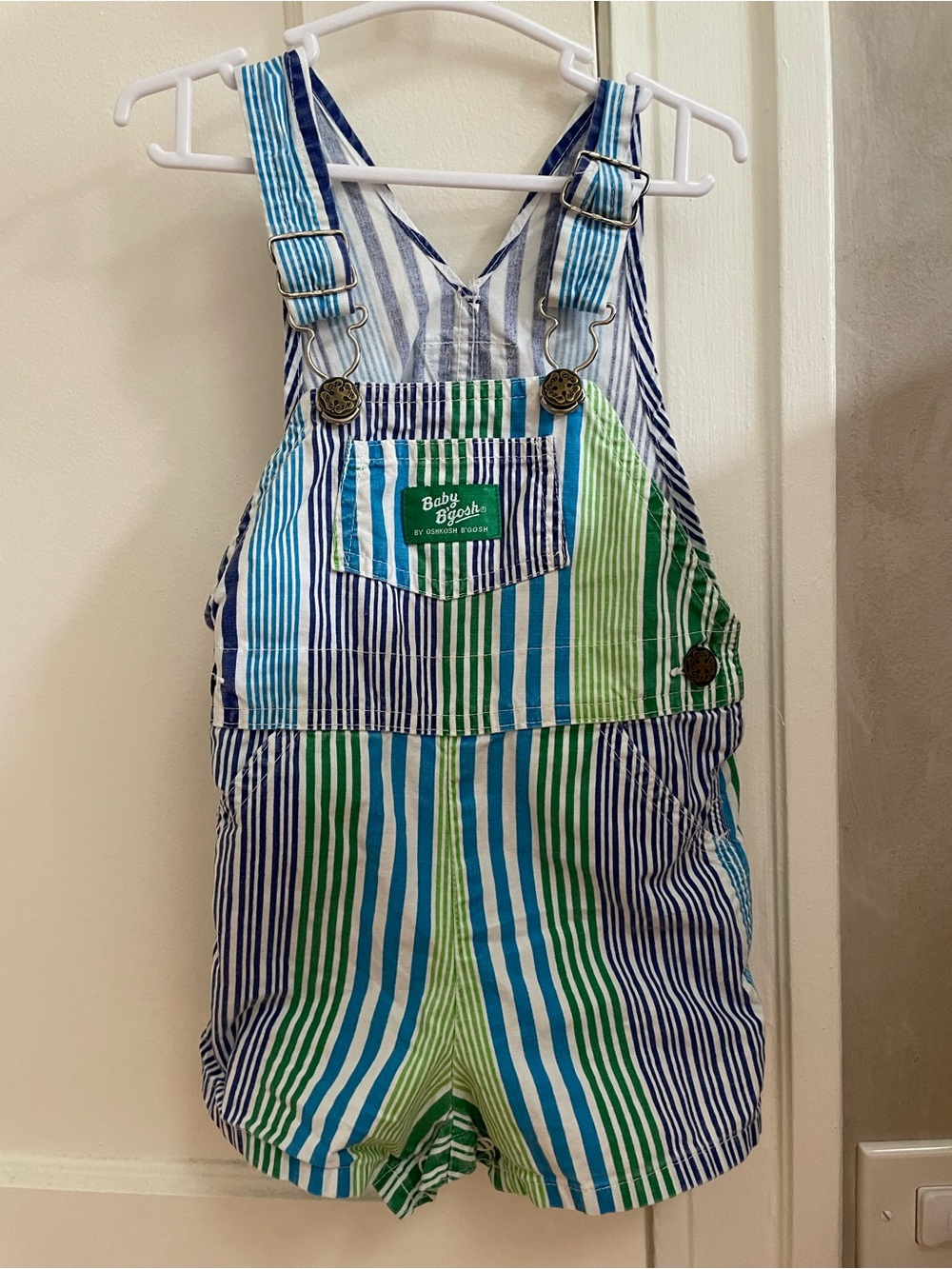 RARE Vtg Baby B’Gosh Striped Cotton Overalls - Blue & Green